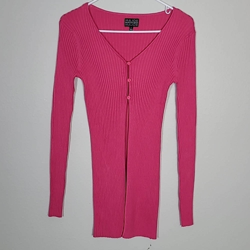 Y2K Vintage Ribbed Knit Long Cardigan Size S Pink Button Fitted Bella Elena 90s